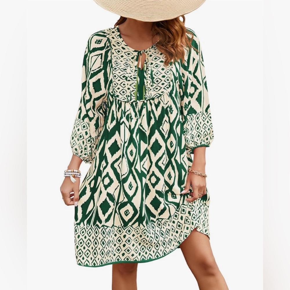 Boho Green Printed Tie-Front Women’s Dress